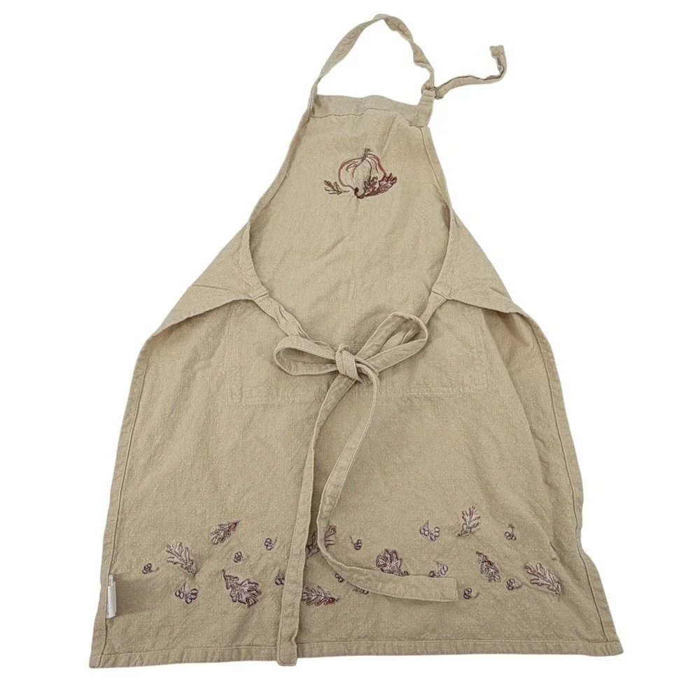 Sur La Table Tan Cotton Fall Apron Pumpkin Leaves Embroidery 26x34 Thanksgiving